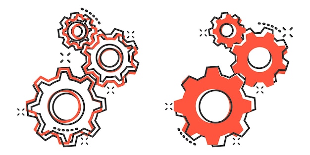 Gear vector icon in comic style Cog wheel cartoon illustration on white isolated background Gearwheel cogwheel splash effect business concept