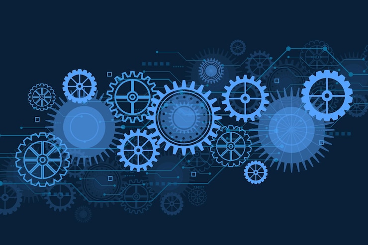 Vector gear wheel technology pattern on dark blue background