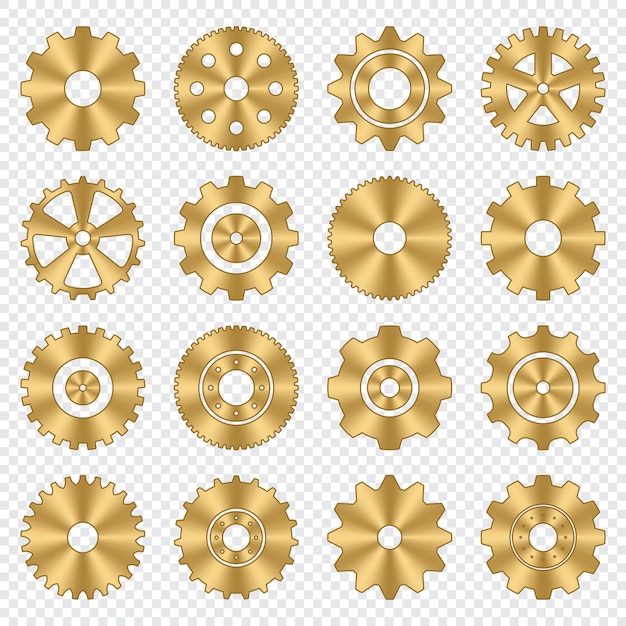 Набор зубчатых колес Коллекция золотых металлических зубчатых колес Промышленные иконки Набор векторных значков для настройки шестерен Векторная иллюстрация