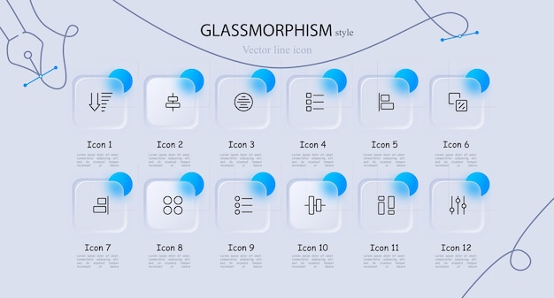 기어 아이콘 세트 전구 메일 확대 유리 검색 책 파일 모니터 연락 Glassmorphism 스타일 비즈니스 및 광고를위한 터 라인 아이콘
