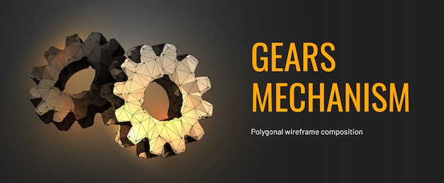 Gears mechanism in polygonal wireframe style