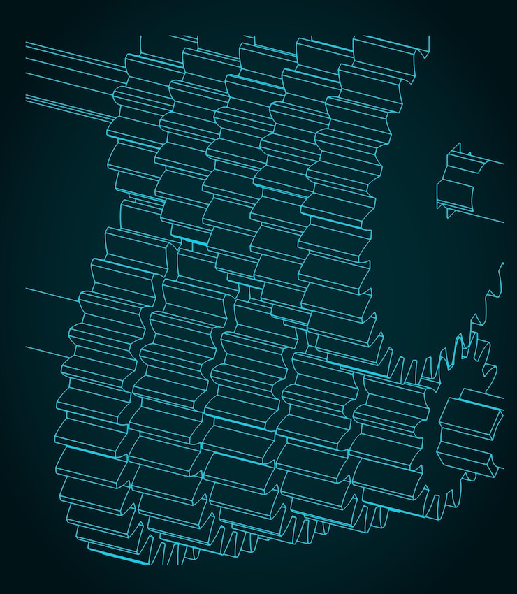 Vector gears mechanisms closeup isometric blueprint