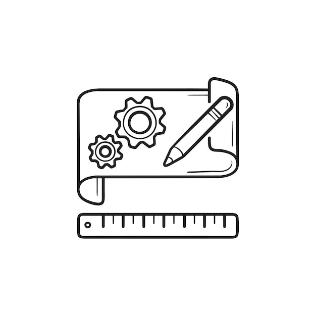 Ingranaggi su icona di doodle di contorni disegnati a mano di prototipazione di carta. prototipazione software, concetto di modello di prodotto. illustrazione di schizzo vettoriale per stampa, web, mobile e infografica su sfondo bianco.