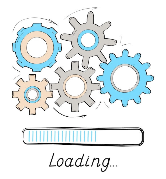 Gears roteert laden voortgangsbalk vectorstijl in doodle-stijl Laad voortgangsbalk voor UI Uploadstatus of downloadrondeproces