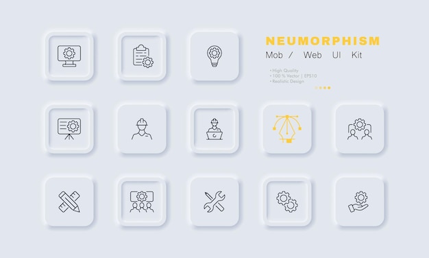 Gears set icon Computer settings agreement details light bulb presentation builder in helmet pencil ruler screwdriver wrench Business concept Neomorphism Vector line icon for Business