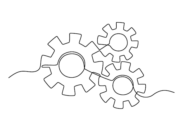 Vector gears wheel symbol technology continuous one line drawing moving cog gears for business teamwork