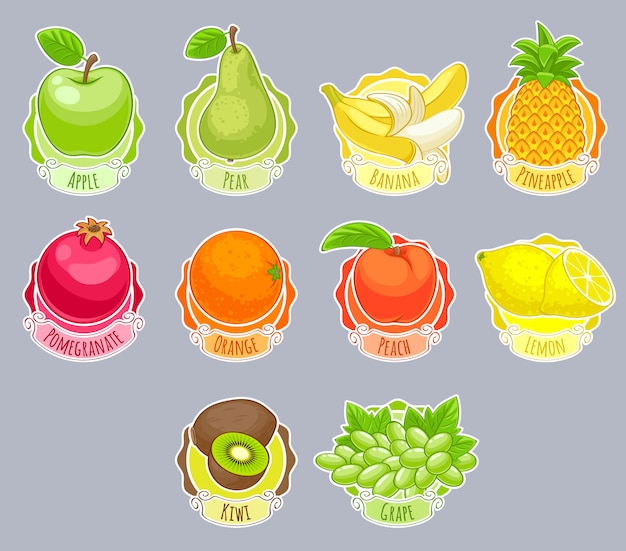 Geassorteerde fruitstickers geplaatst vectorillustratie.