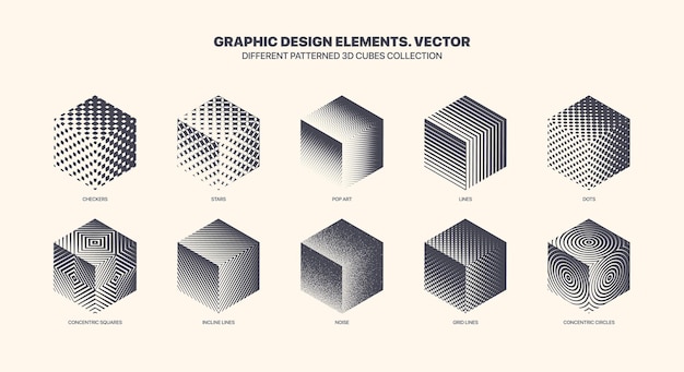 Geassorteerde verschillende patroon 3d kubus vector met verschillende geometrische texturen set geïsoleerd op een witte achtergrond. moderne grafische verschillende zwart-wit 3d-kubussen verscheidenheid patroon. verzameling van ontwerpelementen