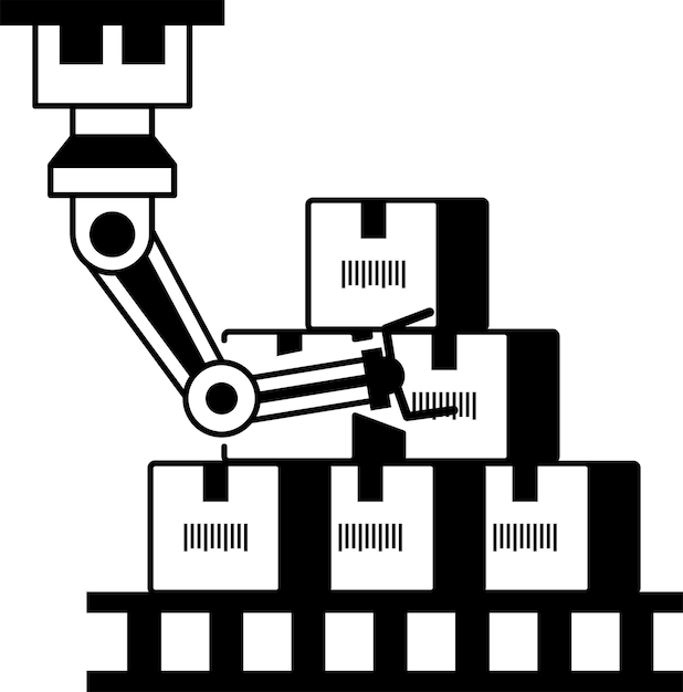 Geautomatiseerd opslag- en ophaalconcept Robotarm manoeuvreert de artikelen vectorontwerp Magazijn