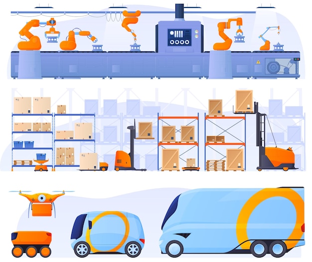 Geautomatiseerde lopende band met behulp van robots. Redelijke montage in een magazijn. Logistiek, levering van goederen zonder menselijke tussenkomst, drones