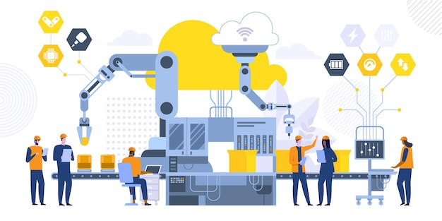 Geautomatiseerde montage lijn platte vectorillustratie. Futuristische fabrieksarbeiders, ingenieurs computer stripfiguren. Bewaking van het productieproces. High-tech apparatuur, moderne machines