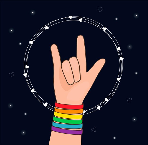 Gebaar van liefde met kleurrijke lgbtq-polsband op een hand concept van lgbt-trots concept