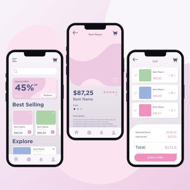 Gebak gekleurde marktplaats mobiele app ui mockup sjabloon Vector