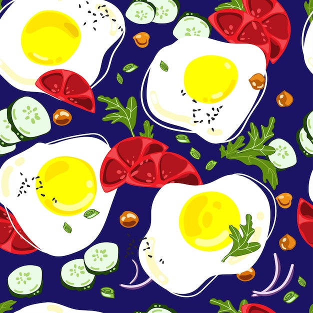 Gebakken eieren met tomaten en andere ingrediënten naadloos patroon op blauwe achtergrond vector
