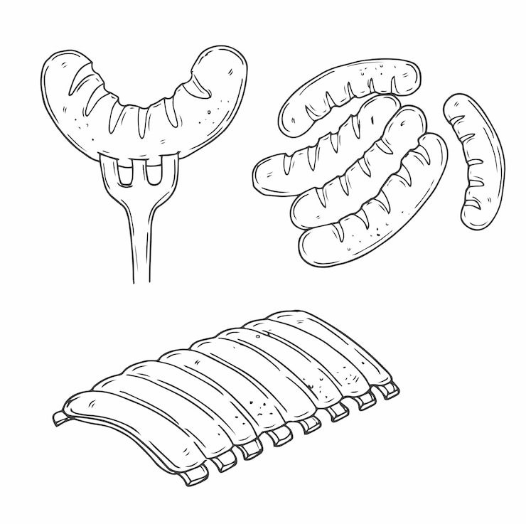 Vector gebakken worst met de hand getekend contour doodle icoon vector schets illustratie van worst