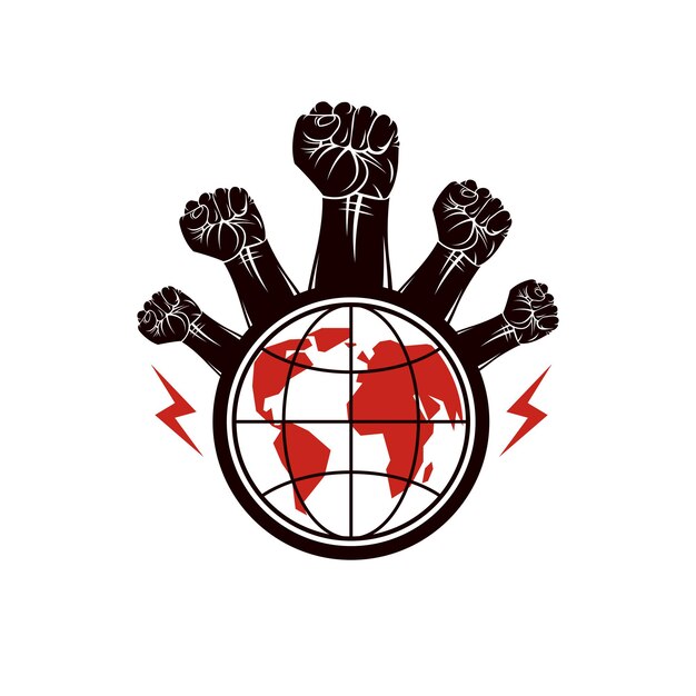 Gebalde vuisten van boze mensen vector embleem samengesteld met Earth globe symbool. Burgeroorlog abstracte illustratie. Sociaal revolutieconcept.