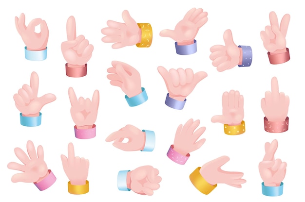 Gebaren handen instellen grafisch concept. menselijke handen met verschillende tekens - ok, zoals, bel, duim omhoog, vrede, omhoog of omlaag, tellen en andere. vectorillustratie met 3d-realistische objecten geïsoleerd