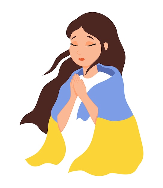 Gebed voor vrede in Oekraïne. Het meisje bidt voor pax in Oekraïne. Een meisje met de vlag van Oekraïne.
