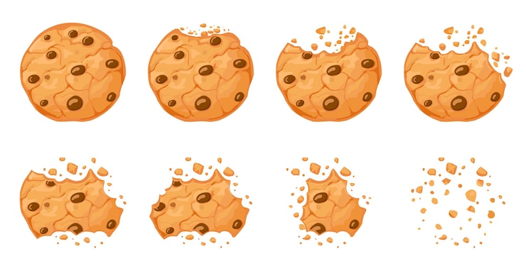Vector gebeten chocoladeschilferkoekje. crunch zelfgemaakte bruine koekjes gebroken met kruimels. cartoon gebakken ronde choco cookies bijten animatie vector set. illustratie animatie verdwijnen choco kruimel stuk bakkerij