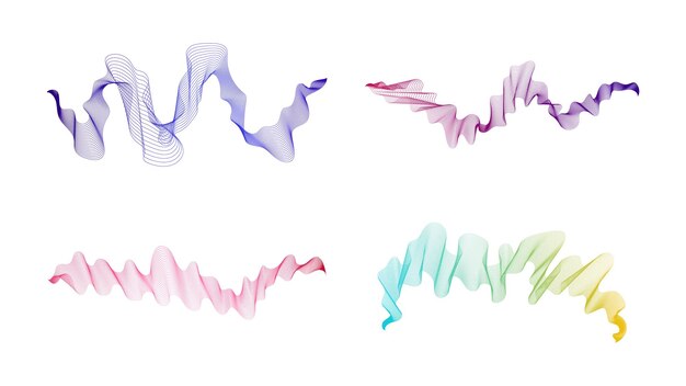 Gebogen golvende strepen Set van vier abstract gekleurde gradiëntgolflijnen op witte achtergrond vectorillustratie