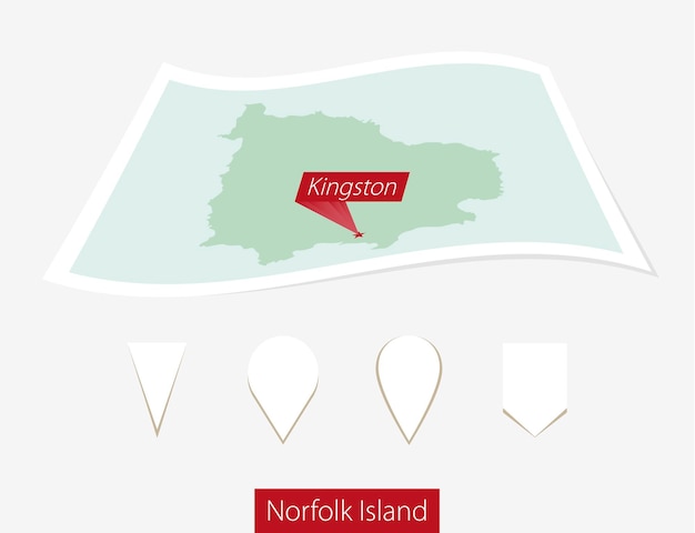 Gebogen papieren kaart van Norfolk Island met de hoofdstad Kingston op grijze achtergrond Vier verschillende kaartpinnen