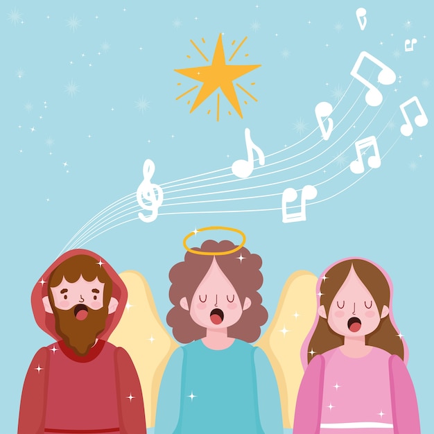 Vector geboorte van christus, kribbe joseph mary en engel zingen kerstliederen cartoon afbeelding