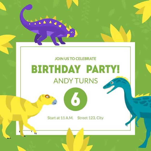 Geboortedagsfeest uitnodigingskaart sjabloon Banner Placard of Flyer met Leuke Dinosaurs Vector Illustratie