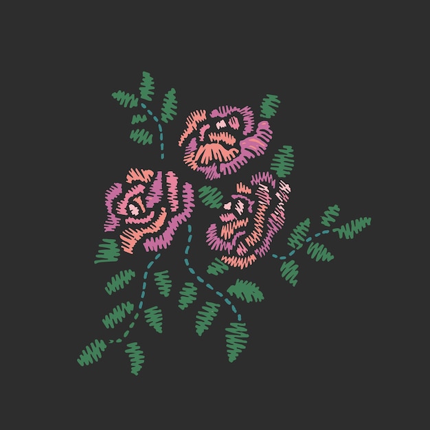 Geborduurde mooie rozen met groene bladeren op een zwarte vectorillustratie als achtergrond