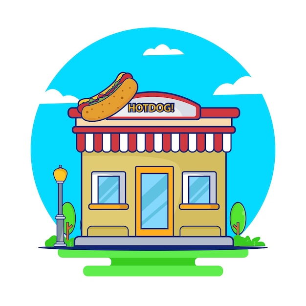 Gebouw architectuur winkel hotdog pictogram logo vectorillustratie fast food restaurant logo