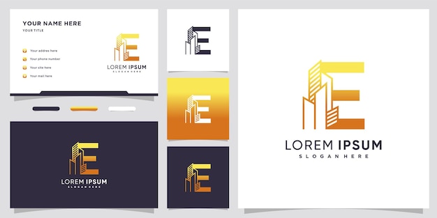 Gebouw en laatste E-logo-ontwerp met creatief concept