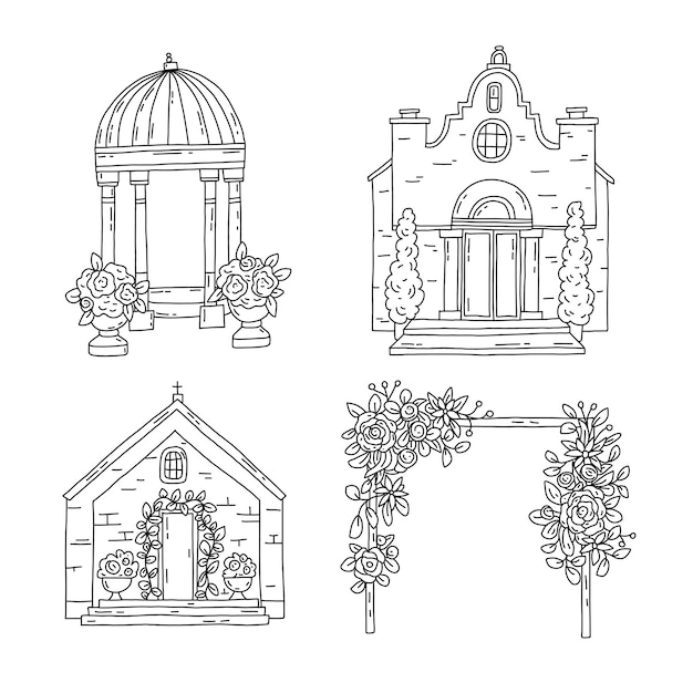 Gebouw hand getrokken schets kerkgebouw illustratie. Huwelijksceremonie set