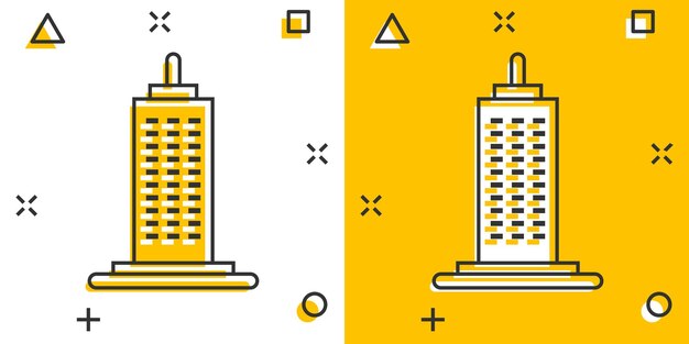 Gebouw pictogram in komische stijl stad wolkenkrabber appartement cartoon vectorillustratie op witte geïsoleerde achtergrond stad toren splash effect bedrijfsconcept