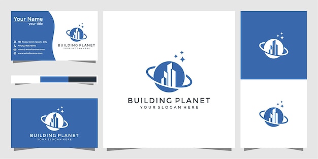 Gebouw planeet logo-ontwerp en visitekaartje