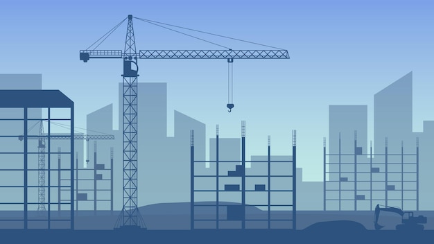 Vector gebouwen in aanbouw bouwkranen boven gebouwen stadsontwikkeling stedelijke skyline vectorillustratie