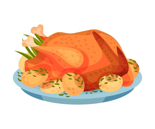 Gebraden hele ronde kalkoen of kip geserveerd op bord met illustratie van aardappelvector