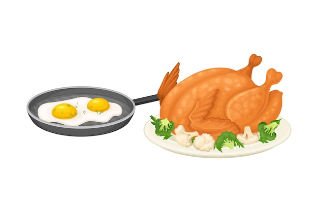 Gebraden kip geserveerd op bord en roerei in de pan Vector illustratie