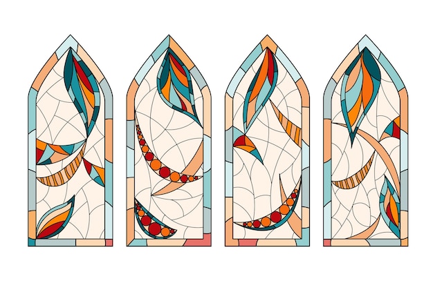 Gebrandschilderde kerkramen. Set van 4 verschillende tekeningen in één stijl.