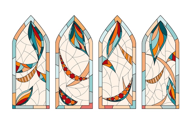 Gebrandschilderde kerkramen. set van 4 verschillende tekeningen in één stijl.