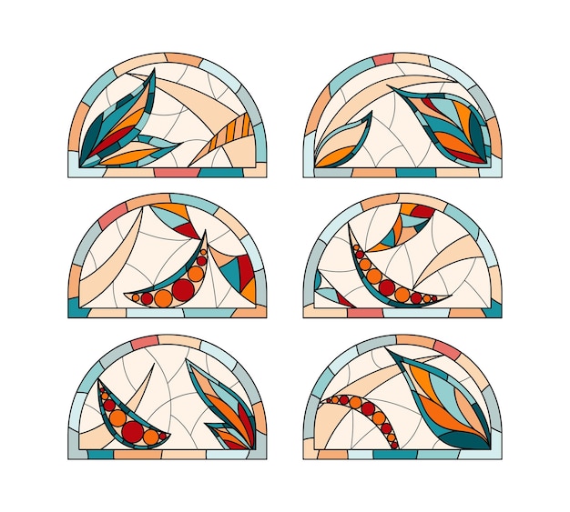 Gebrandschilderde kerkramen. Set van zes verschillende halfronde glazen in één stijl getekend.
