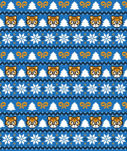 Gebreid kerst- en nieuwjaarspatroon in Tiger. Wol breien trui ontwerp. Behangpapier textiel print. Eps 10