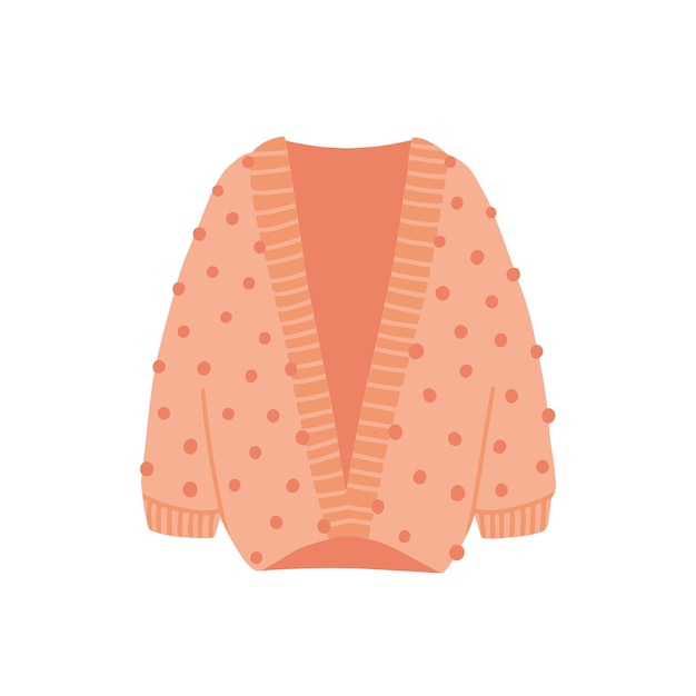 Gebreid vest platte vectorillustratie. Gezellige warme kleren geïsoleerd op een witte achtergrond. Stijlvolle herfst- en winterkleding. Roze wollen outfit. Modieus gebreide item met pompons.