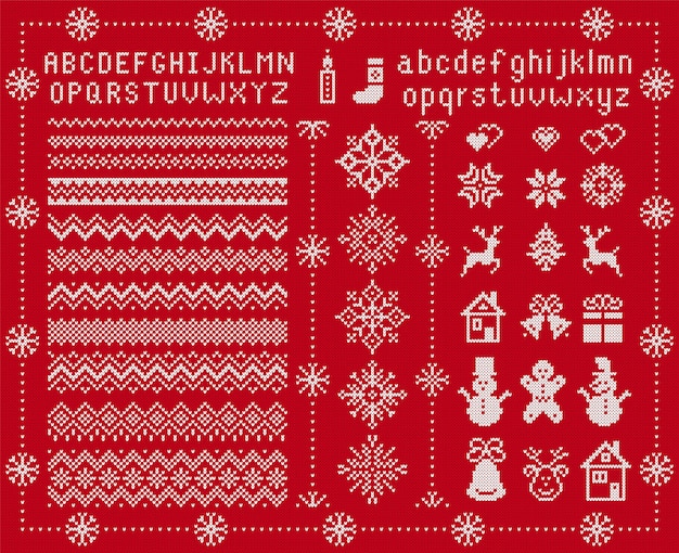 Gebreide lettertype en kerstelementen. Vector illustratie. Kerst naadloze textuur. Gebreide trui print.