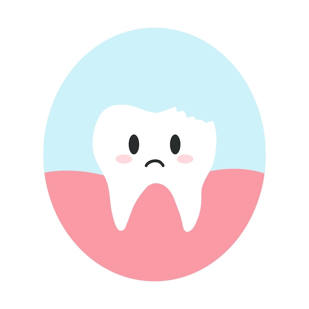 Gebroken afgebroken tand in cartoon vlakke stijl Vectorillustratie van ontevreden ongezonde tanden karakter tandheelkundige zorg concept mondhygiëne