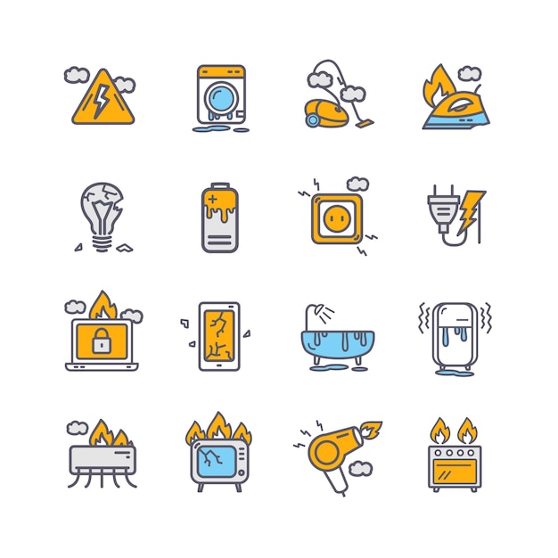 Gebroken apparaten kleur dunne lijn Icon Set Vector