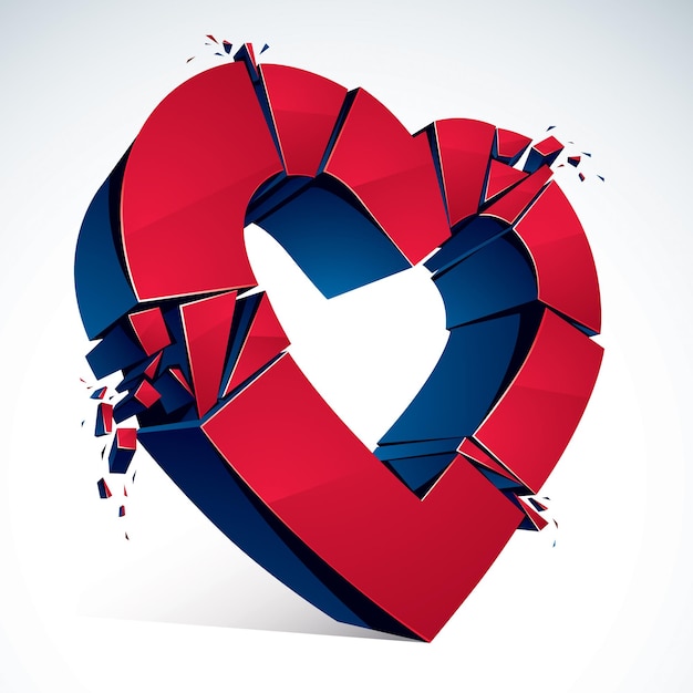 Gebroken hart concept uiteenvallen, 3D-realistische vectorillustratie van hartsymbool exploderen tot stukken. Creatief idee om liefde uit elkaar te halen, uit elkaar te gaan.