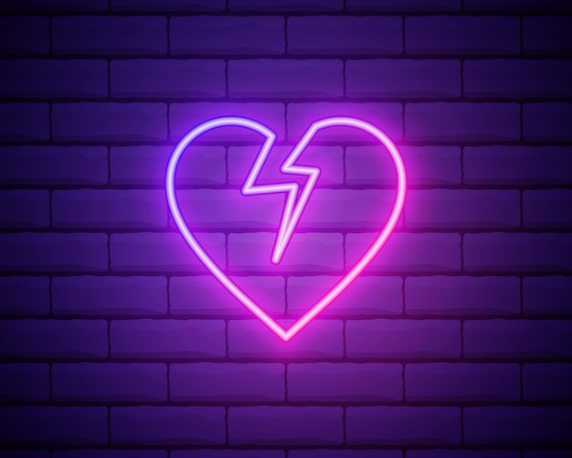 Gebroken hart neon licht pictogram Heartbreak gloeiend teken Snavel omhoog vectorillustratie geïsoleerd op bakstenen muur