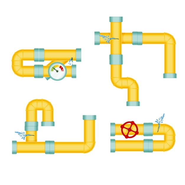 Gebroken pijpen met een lek van stoom of loodgas breuk van de pijpleiding Druipende kraan problemen met watervoorziening gebroken pijpen Wind illustratie geïsoleerd op witte achtergrond