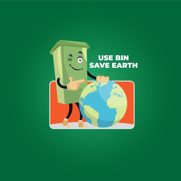 Gebruik bin save earth vector mascotte logo sjabloon