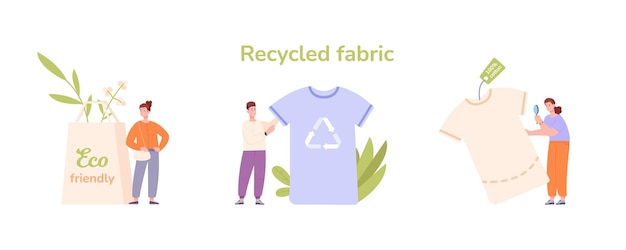 Gebruik gerecycleerde kleding Groene kledingkast doek duurzame mode milieuvriendelijke stof natuurlijke katoenen textiel vectorillustratie