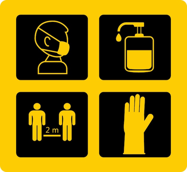 Gebruik handdesinfecterende infographic vector instructie tegen de verspreiding van coronavirus covid19-preventietips op geel bord masker met handschoenen met gebruik van